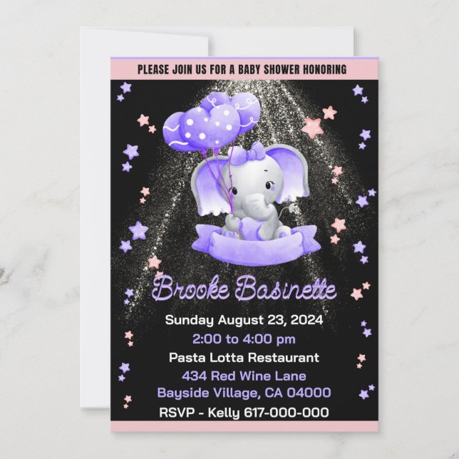 Invitation Fille Baby shower rose pourpre Argent bébé Eléphan (Devant)