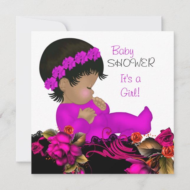 Invitation Fille baby shower rose violet Rose Fleurs 3b (Devant)
