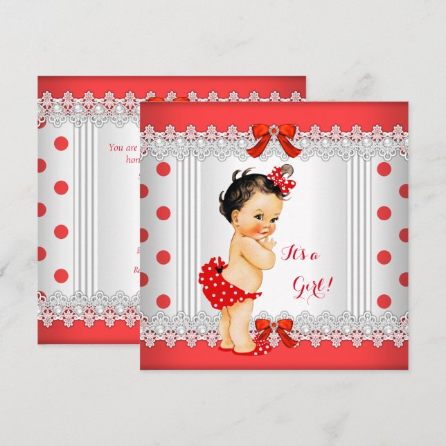 Invitation Fille Baby shower Rouge Blanc Pois Brunette (Devant / Derrière)