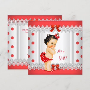 Invitation Fille Baby shower Rouge Blanc Pois Brunette