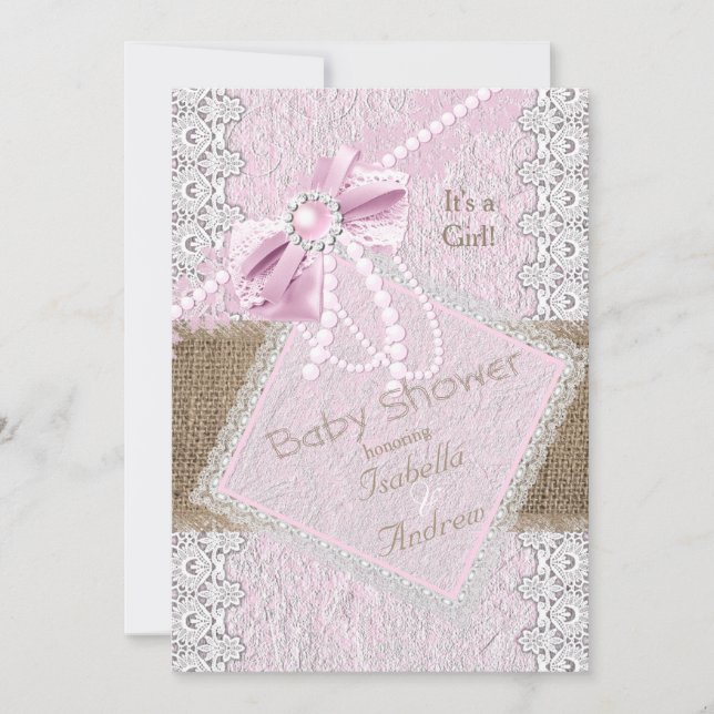 Invitation Fille Baby shower Rustique Bow Pearl Lace 2 (Devant)