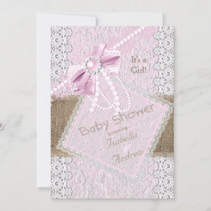 Invitation Fille Baby shower Rustique Bow Pearl Lace 2