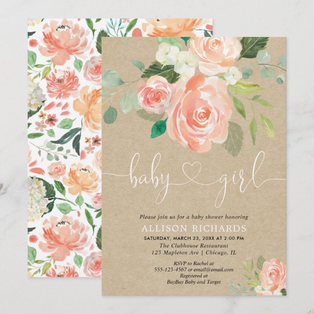 Invitation Fille baby shower rustique kraft pêche la végétati (Devant / Derrière)