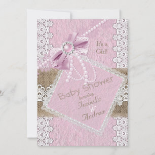 Invitation Fille Baby shower Rustique Rose Bow Lace Burlap 2