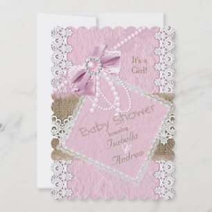 Invitation Fille Baby shower Rustique Rose Bow Lace Burlap 2