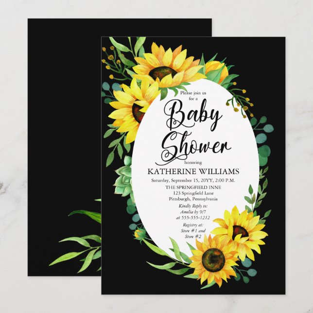 Invitation Fille Baby shower Tournesol Eucalyptus Cadre Flora (Devant / Derrière)