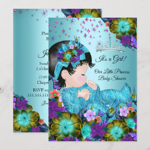 Invitation Fille Baby shower Turquoise Bleu pourpre Floral