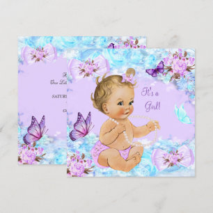 Invitation Fille Baby shower Turquoise Papillon pourpre Blond