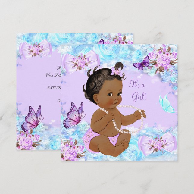 Invitation Fille Baby shower Turquoise Papillon pourpre Ethni (Devant / Derrière)
