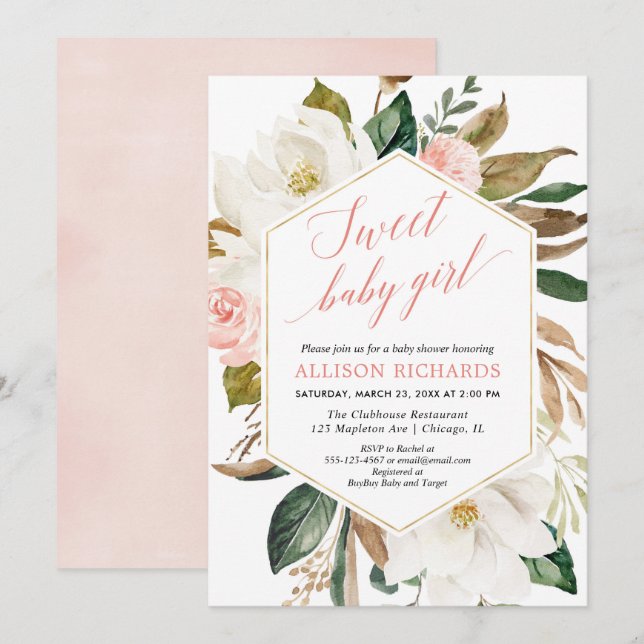 Invitation Fille baby shower verdoyante magnolia florale (Devant / Derrière)