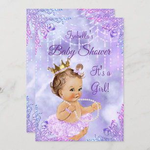Invitation Fille Baby shower violet Lilac Pearl Brunette