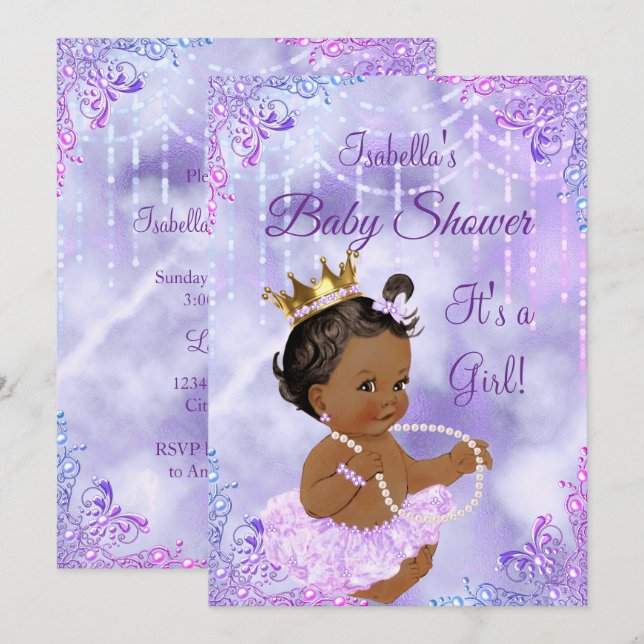 Invitation Fille Baby shower violet Lilac Pearl Ethnique (Devant / Derrière)