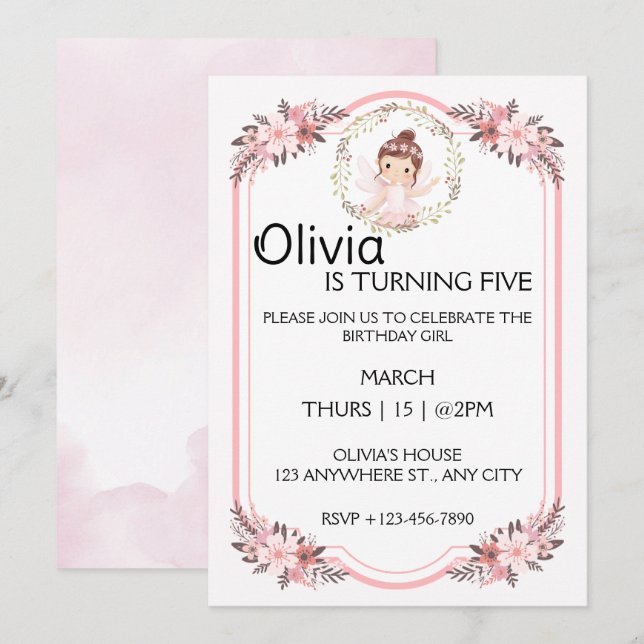 Invitation Fille Ballerina Rose Floral Wreath fête d'annivers (Devant / Derrière)