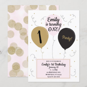Invitation Fille Ballons Or Rose et Noir Fête 1er Anniversair
