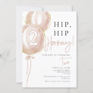 Invitation Fille Balloon Rose Deuxième anniversaire
