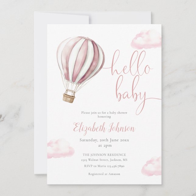 Invitation Fille Balloon Rose Hot Air Tout En Un Baby shower  (Devant)