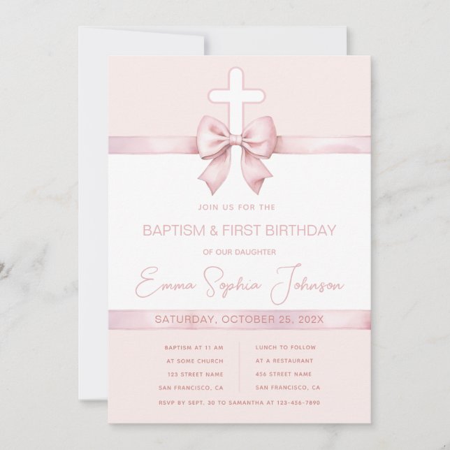 Invitation Fille Baptême Bow Premier Anniversaire Croix rose  (Devant)