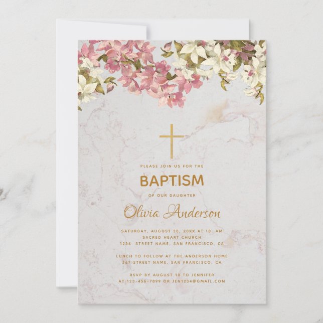 Invitation Fille Baptême Floral rose Orchidées Gold Cross Mar (Devant)
