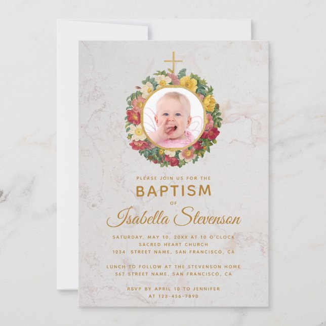 Invitation Fille Baptême Photo Rose Wreath Cross Marbre Flora (Devant)