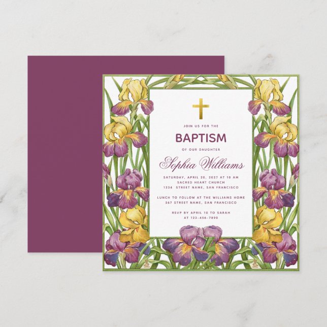 Invitation Fille Baptême Purple Yellow Iris Gold Cross Floral (Devant / Derrière)