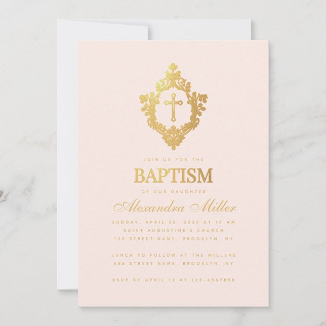 Invitation Fille Baptême rose Faux Croix d'or dans Crest Blus (Devant)
