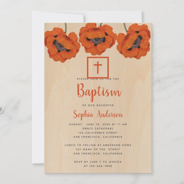 Invitation Fille Baptême Rouge rustique Pépites Brown Bois Sc (Devant)