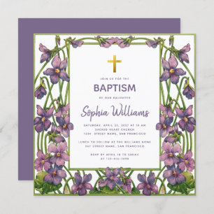 Invitation Fille Baptême Violet vert violet Croix d'or vert F