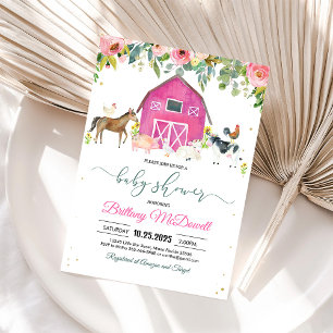 Invitation Fille Bébé Animaux de Ferme Roses Showe