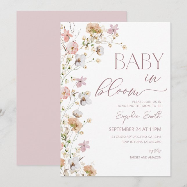 Invitation Fille bébé en fleurs Baby shower Fleur sauvage (Devant / Derrière)