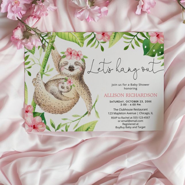 Invitation Fille bébé paresseux rose verdure tropicale shower (Créateur téléchargé)