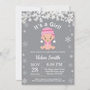 Invitation Fille Bébé Rose Hiver Flocon de Neige