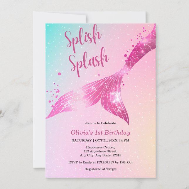 Invitation Fille Bébée de Sirène Splish Splash 1er anniversai (Devant)