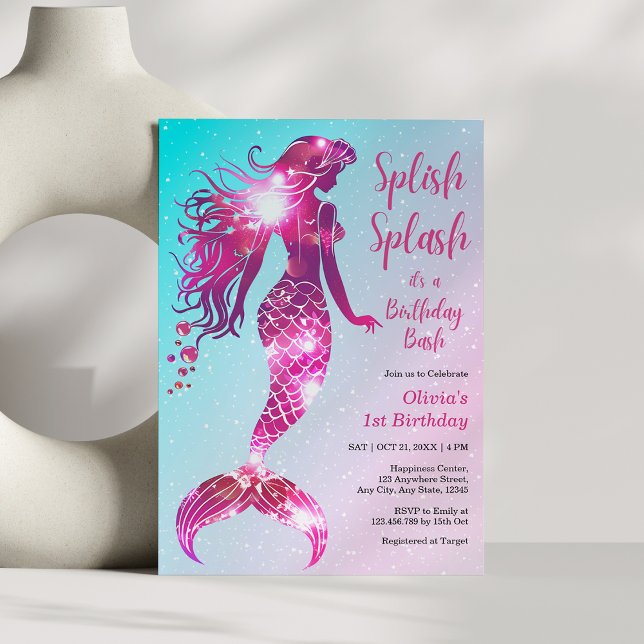 Invitation Fille Bébée de Sirène Splish Splash 1er anniversai (Splish Splash Mermaid Baby Girl 1st Birthday Invitation )