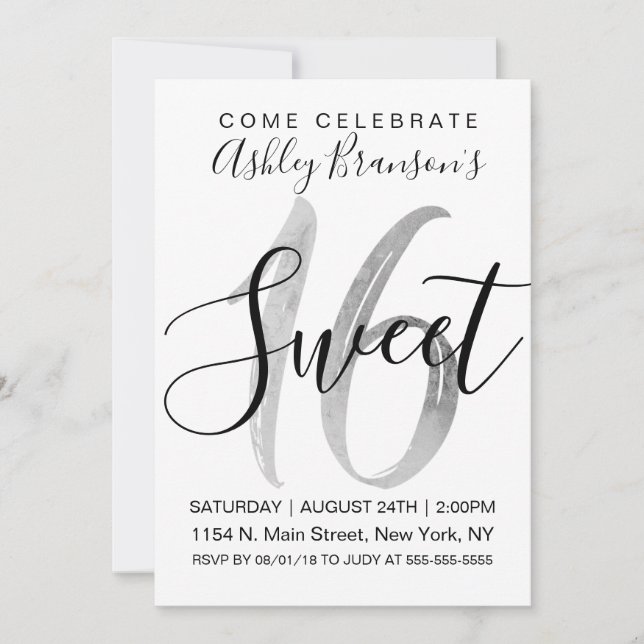 Invitation Fille Blanc Faux Silver Foil Sweet 16 (Devant)
