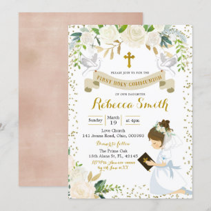 Invitation Fille Blanc Floral Première Sainte Communion Invit