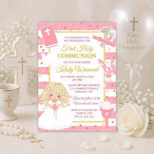 Invitation Fille blonde avec rayure rose Première communion