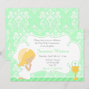 Invitation Fille blonde Première communion Damas