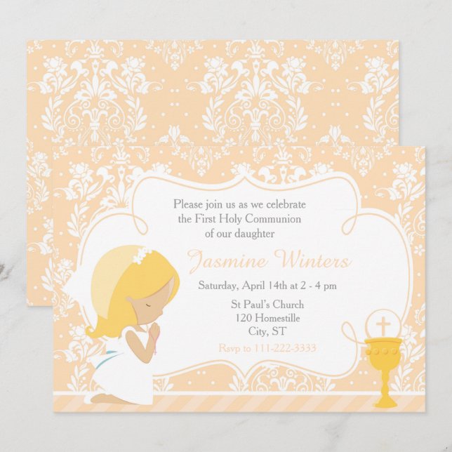 Invitation Fille blonde Première communion Damas (Devant / Derrière)