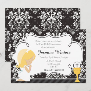 Invitation Fille blonde Première communion Damas
