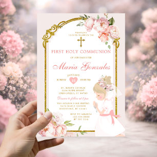 Invitation Fille blonde priant pour sa première communion flo