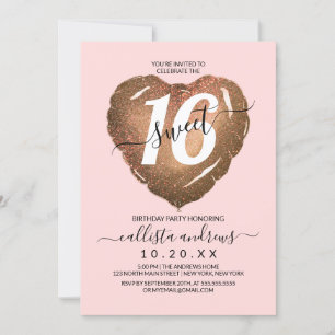 Invitation Fille Blush Gold Parties scintillant Coeur Balloon