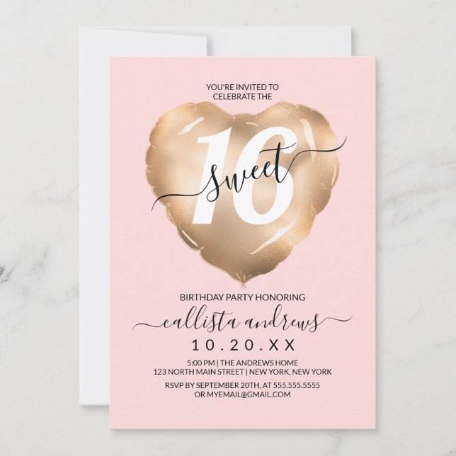 Invitation Fille Blush Or Rose Foil Coeur Balloon Sweet 16 (Devant)