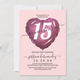 Invitation Fille Blush Parties scintillant rose Coeur Balloon
