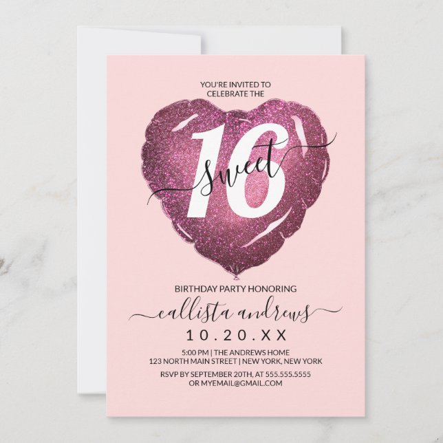 Invitation Fille Blush Parties scintillant rose Coeur Balloon (Devant)