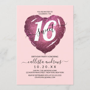 Invitation Fille Blush Parties scintillant rose Coeur Balloon