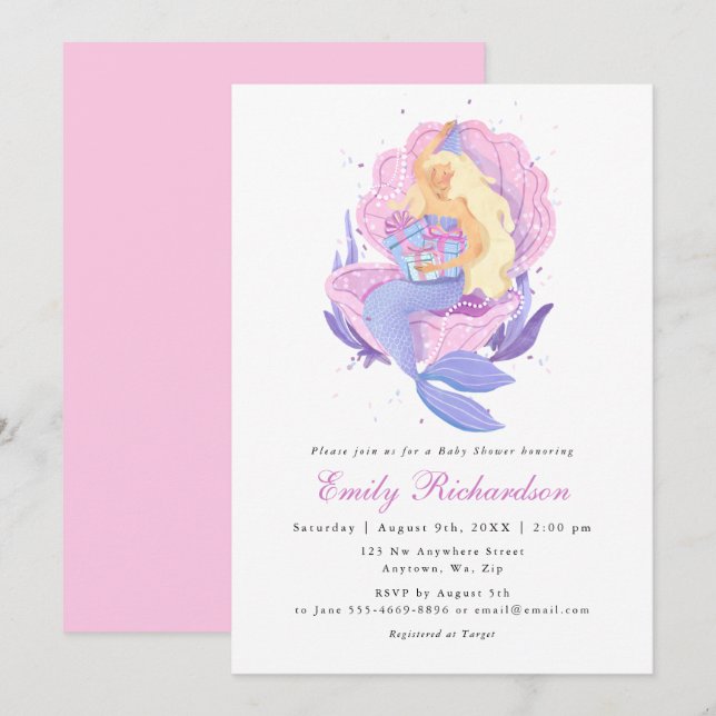 Invitation Fille Blush Pink Pastel Petit Baby shower Sirène (Devant / Derrière)