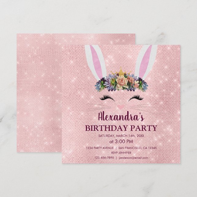 Invitation Fille Blush rose lapin de Pâques fête d'anniversai (Devant / Derrière)
