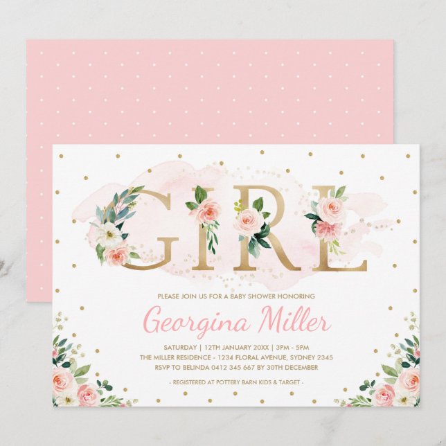 Invitation Fille Blush Rose Or Floral Baby Girl Douche (Devant / Derrière)