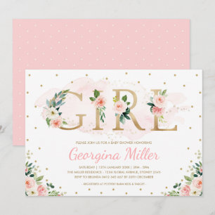 Invitation Fille Blush Rose Or Floral Baby Girl Douche
