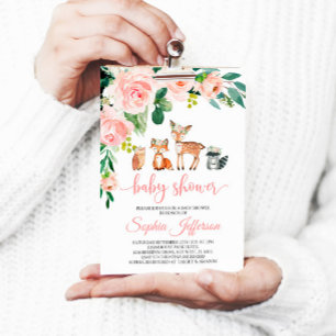 Invitation Fille Bois Baby shower Forêt Animaux Rose Rose
